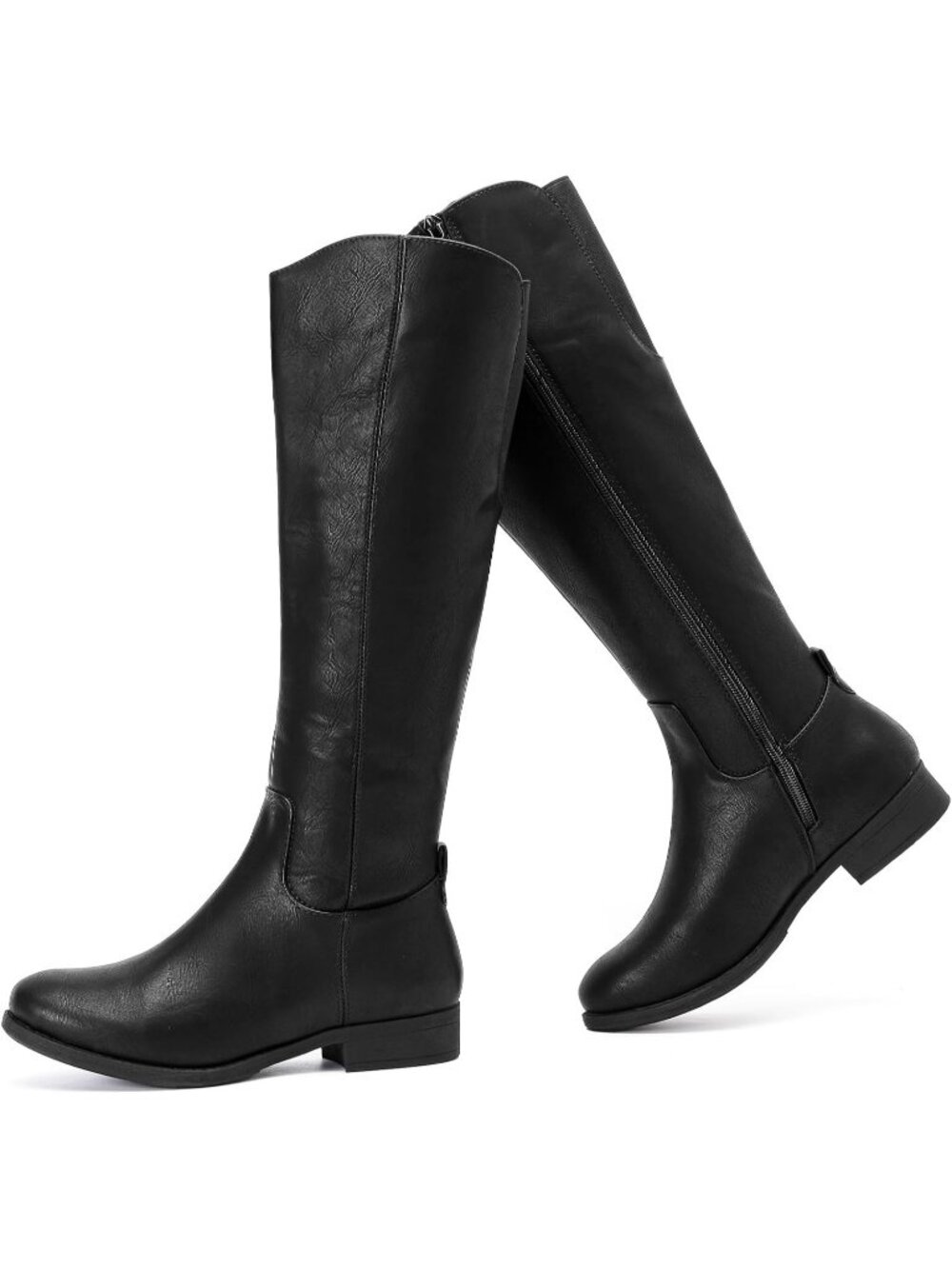 Women's Black Pu Knee High Boots Riding Fashion Boots Round Toe Faux Leather